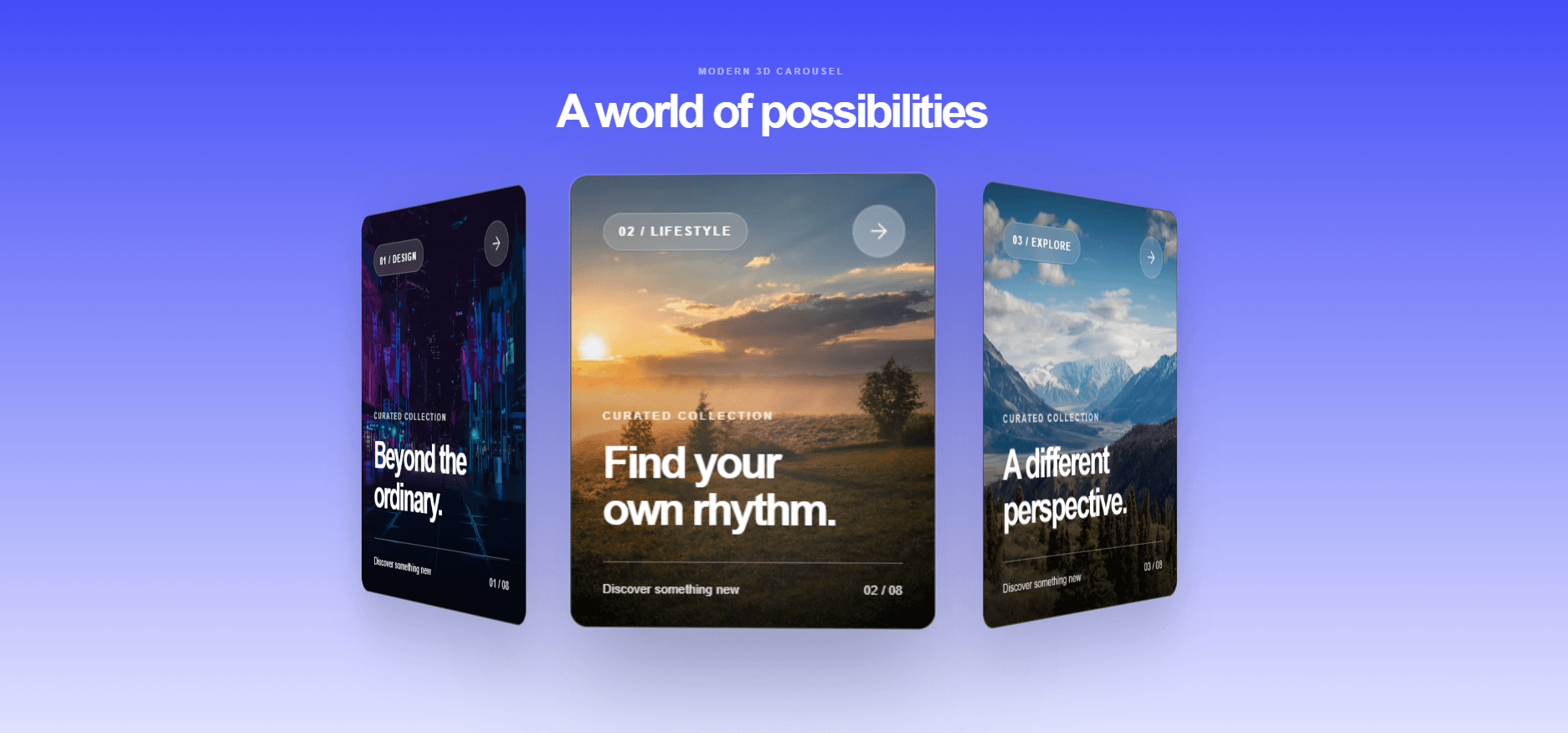 Modern 3D Carousel showing three perspective cards with city, sunset, and mountain images.